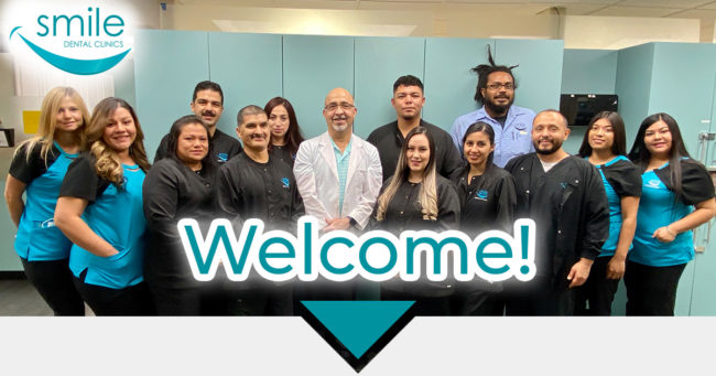 Smile Dental Clinics team shot with overlay saying 'Welcome"