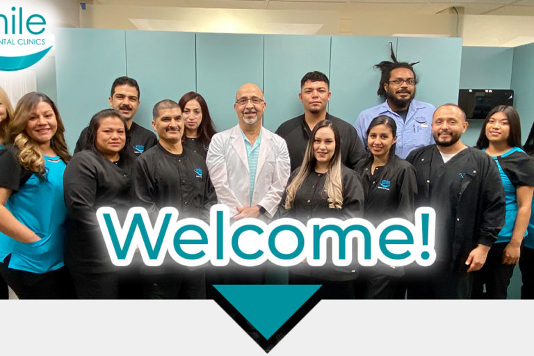 Smile Dental Clinics team shot with overlay saying 'Welcome"